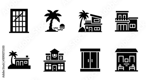 Minimalist black and white icons of modern buildings and scenic beach palm trees