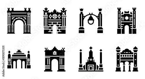 Set of monochrome gate icons featuring historic architectural designs