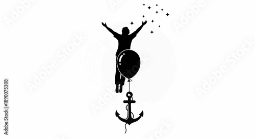 Silhouette of a person with arms raised, holding a balloon and an anchor, symbolizing freedom and groundedness.