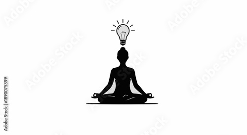 Silhouette of a person meditating with a glowing light bulb above their head, symbolizing a new idea or inspiration.