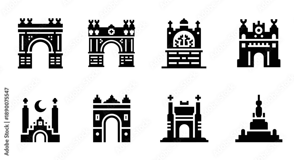 Naklejka premium Minimalist monument icons set featuring famous architectural structures