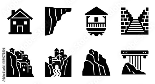 Silhouette icons of architecture and landforms: houses, cliffs, and castles