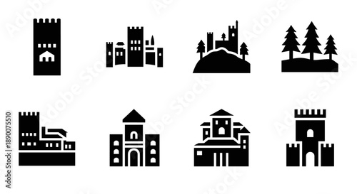Silhouette medieval castles and towers collection in black and white