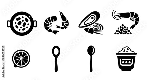 Seafood silhouettes: icons of shrimp, mussels, soup, and more