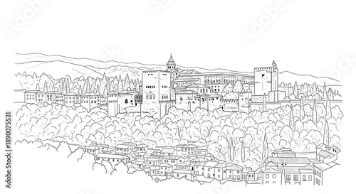 Elegant linear cityscape of historic spanish landmark with scenic mountain view