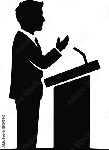 Isolated man in suit speaking at podium with microphone illustration vector