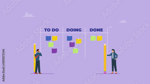 Business people review project progress on kanban board. Review work progress on kanban board, todo list, in progress task and finished one, project management or planning for production.