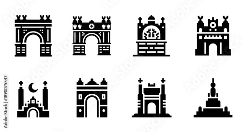 Minimalist monument icons set featuring famous architectural structures