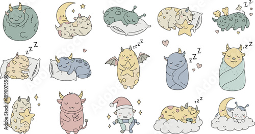 Cute sleepy monster vector set with pastel dream creatures, stars, moons, clouds, pillows, and adorable bedtime cartoon characters for kids