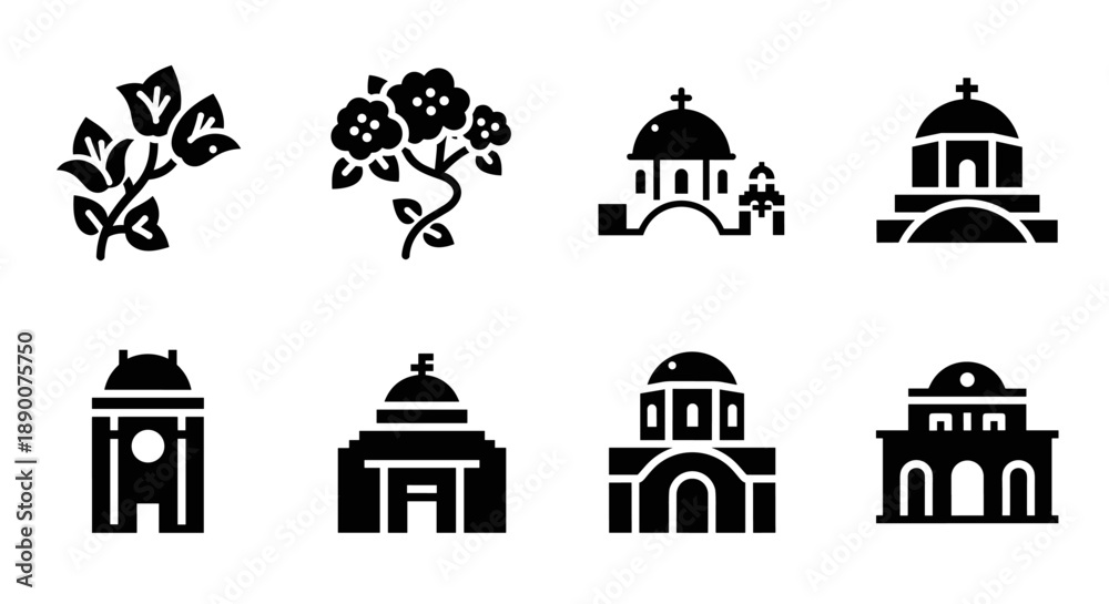 Fototapeta premium Silhouette icons of floral and architectural landmarks in black and white