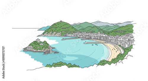 Scenic coastal city with beach and hills in linear style