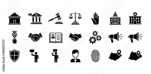 Collection of black and white vector icons representing justice, law, and human rights concepts
