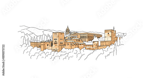 Alhambra sketch: detailed architectural view of historic spanish landmark