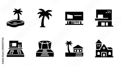 Silhouette icons of modern and tropical buildings