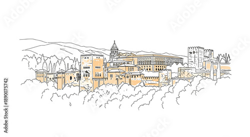 Linear sketch of historic alhambra palace with detailed architectural elements