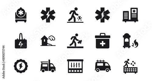 Comprehensive set of monochromatic vector icons representing emergency services, disaster relief, public safety, and critical infrastructure, ideal for informational graphics and warning systems