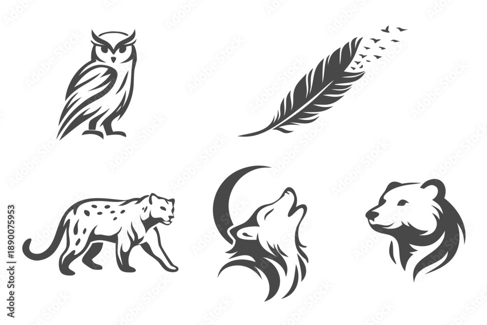 Fototapeta premium Dark wildlife silhouette set: owl, feather turning into birds, walking leopard, howling wolf with moon, and lion head. Mystic nature symbols for tattoo, logo, night and freedom themes.