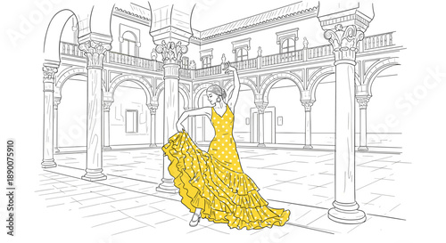 Elegant flamenco dancer in courtyard with intricate architectural details
