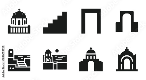 Architectural icon set featuring minimalist silhouettes of historical buildings and structures