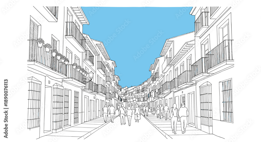 Fototapeta premium Linear cityscape of a historic european street with strolling people