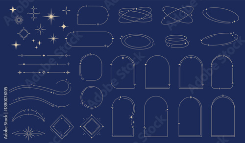 Modern minimalist line frames and star elements set, aesthetic geometric borders, arch frames, decorative dividers and abstract shapes, boho celestial vector elements isolated on dark background