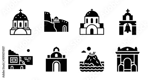 Icon set featuring minimalist greek architecture and landmarks in black silhouette style