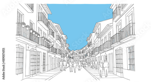 Linear cityscape of a historic european street with strolling people