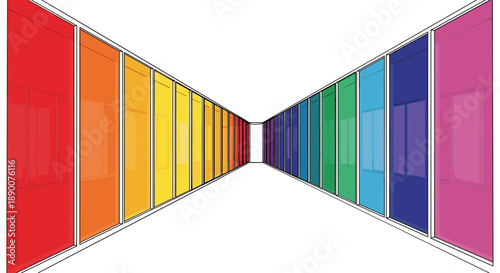 Rainbow perspective corridor with colorful panels in modern geometric style