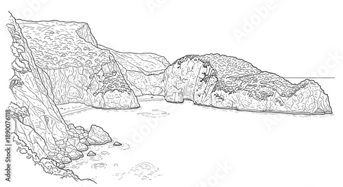 Scenic coastal cliffs line art: natural beauty of rocky shores and serene sea
