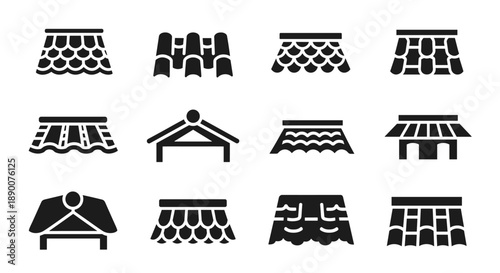 Set of roof silhouettes: diverse roof styles in black icons