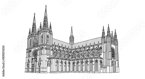 Detailed gothic cathedral architecture in black and white line art