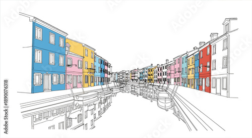 Colorful canal street with reflections in linear style cityscape
