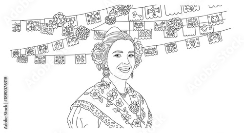 Traditional mexican celebration with decorative papel picado and festive attire in black and white