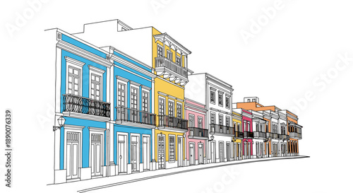 Charming architectural street scene with colorful colonial buildings