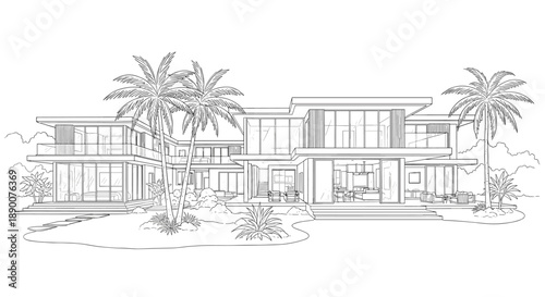 Modern luxury beachfront house architecture with palm trees in line art