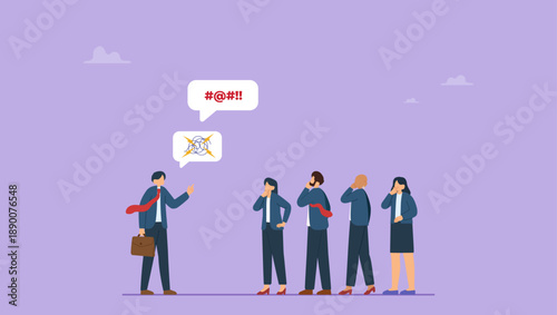 Business people dealing with difficult and fussy coworker. Deal with difficult people, bossy manager or trouble employee, tough or complicated colleague, confusion or conflict.