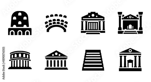 Icon set of ancient roman architecture in black silhouette style