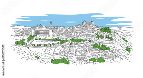 Scenic cityscape of historic architecture in detailed linear drawing style with blue sky