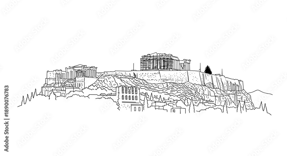 Obraz premium Linear drawing of acropolis in athens: ancient architecture on a hill