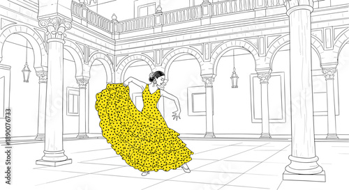 Vibrant flamenco dancer in traditional dress in historic courtyard