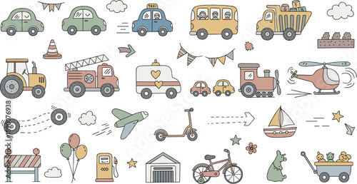 Cute cartoon transportation vector set with cars, buses, trucks, airplanes, scooters, bicycles, boats, road signs, and playful travel elements