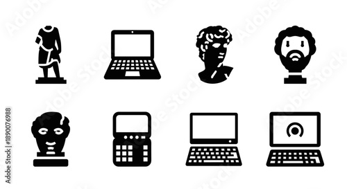 Silhouette icons of classical busts and modern laptops in minimalist design