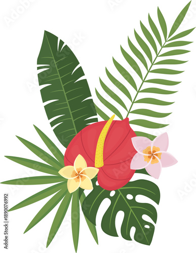 Floral composition with exotic plants and blossoms. Illustration with tropical foliage and flowers