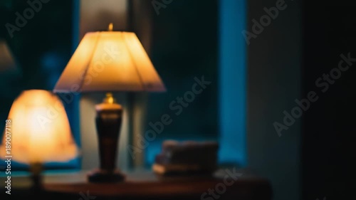 Elegant table lamp with ornate fabric shade illuminating a dark indoor setting, creating a warm and cozy atmosphere for relaxation or contemplation with a soft glow