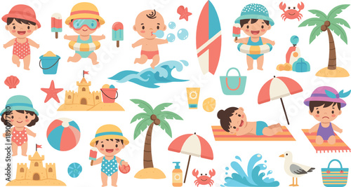 Cute summer beach kids vector set with babies playing, sandcastles, surfboards, umbrellas, palm trees, seashells, and fun seaside elements