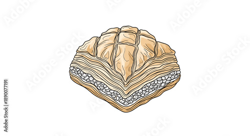 Layered pastry with crisscross top and nut filling in hand drawn style