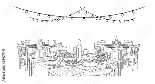 Rustic outdoor dining scene with string lights and wooden tables