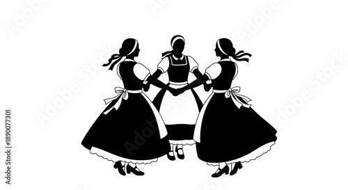 Three women dancing in a circle wearing traditional dresses for spring celebration. Spring equinox  