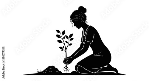 Black silhouette of a woman planting a young tree sapling. Spring equinox  