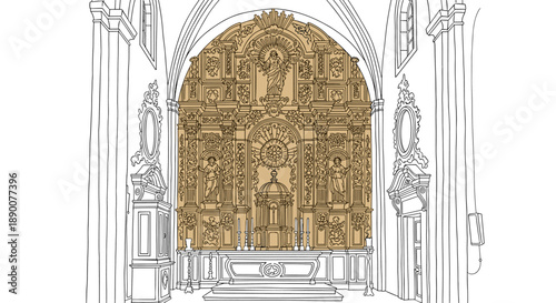 Detailed architectural line art of ornate baroque church interior